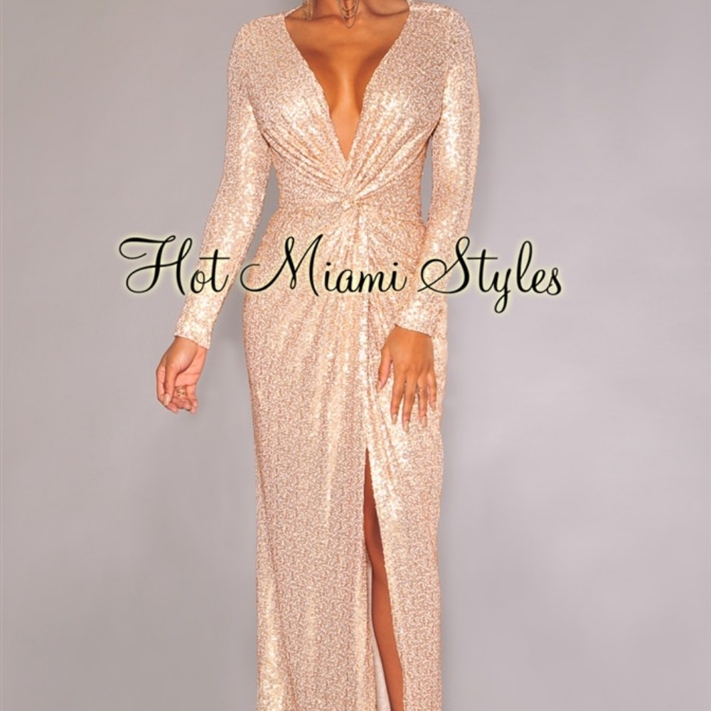 Hot Miami styles champagne sequin gown